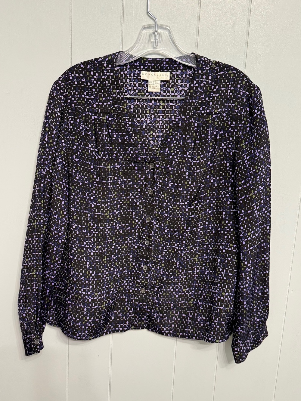 #13) Doncaster Silk Black Button-Front Blouse with Purple Dot Print
